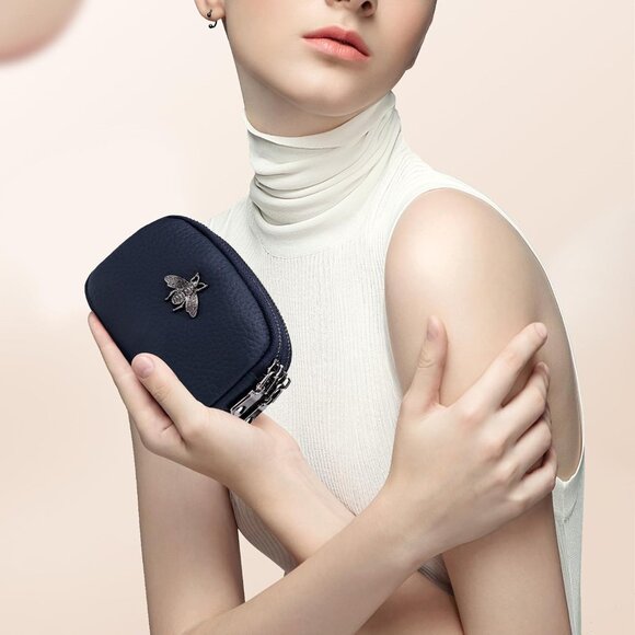 Women Leather Coin Purse Small 2 Zipper Change Wallet Compact Durable Gift - Picture 4 of 7